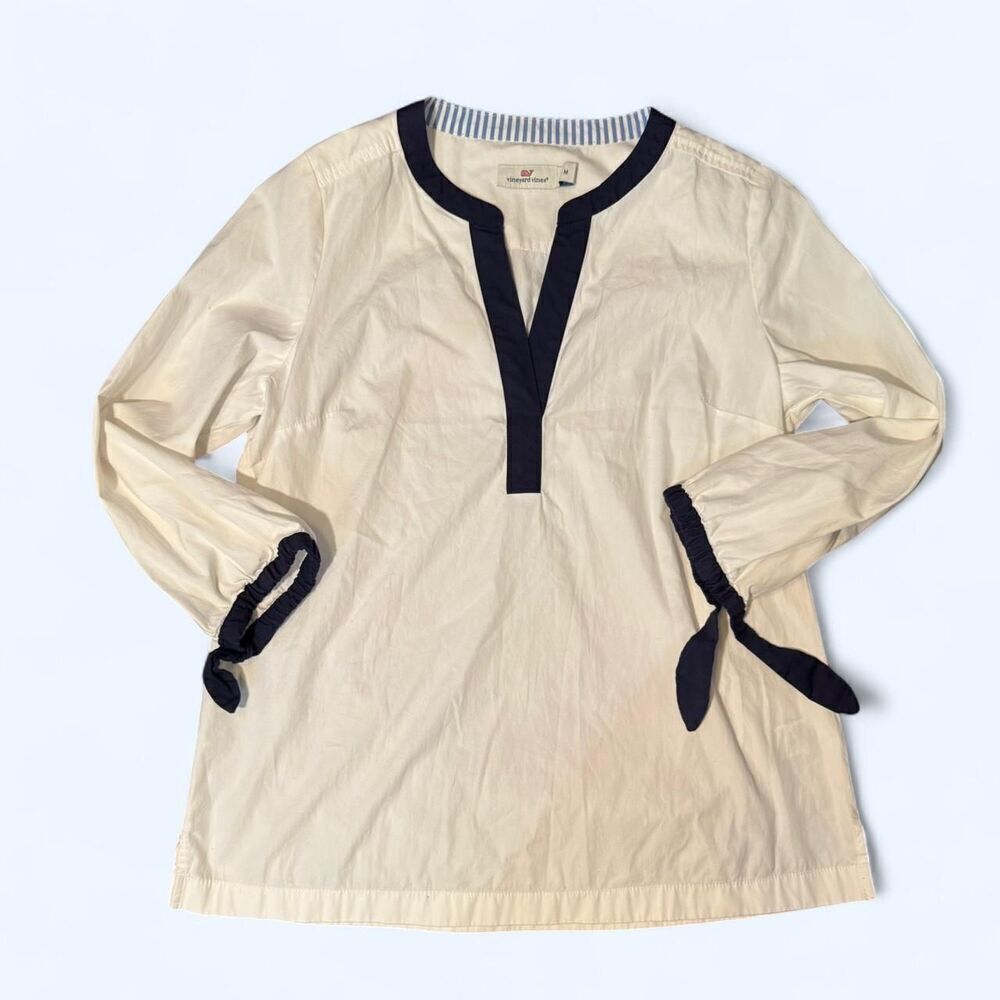Vineyard Vines Women's White and Navy Blue Trimmed Blouse Sz Medium